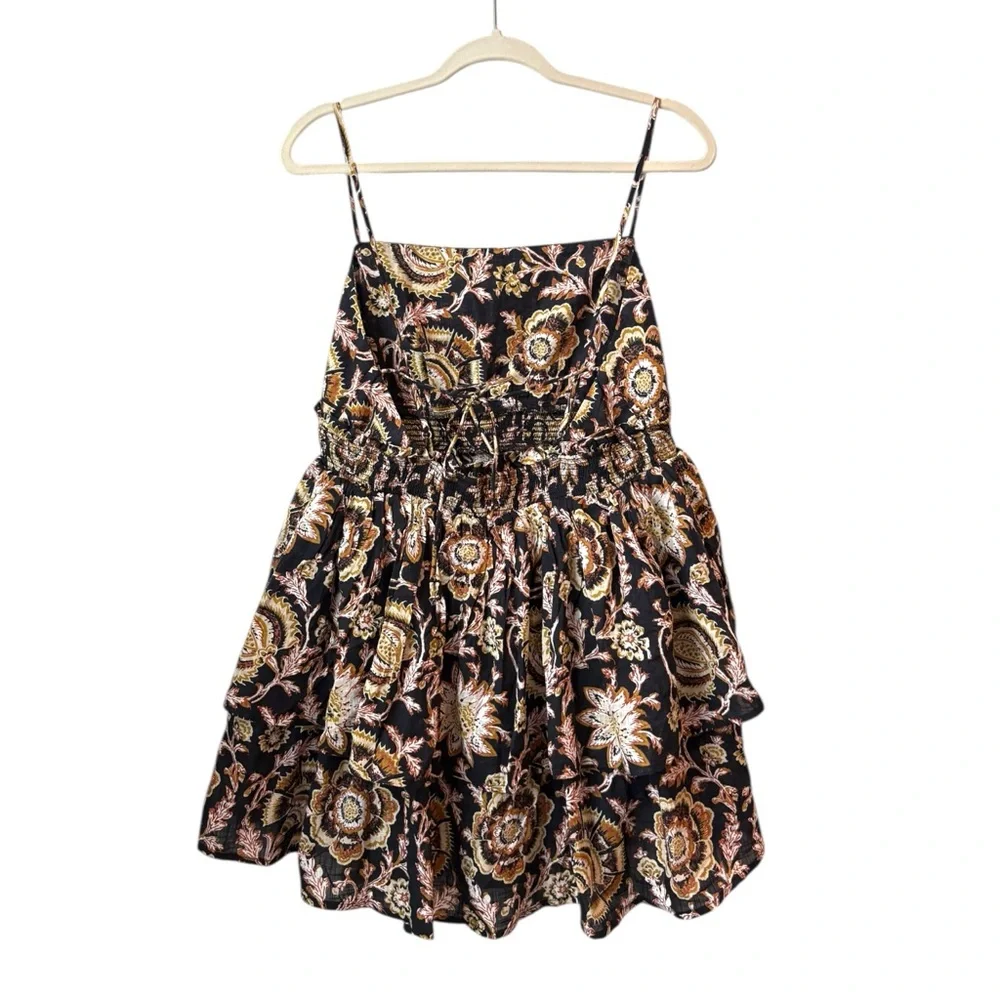 Celandine Anthropologie Dark Floral Straight-Neck Tiered Ruffle Mini Dress Large